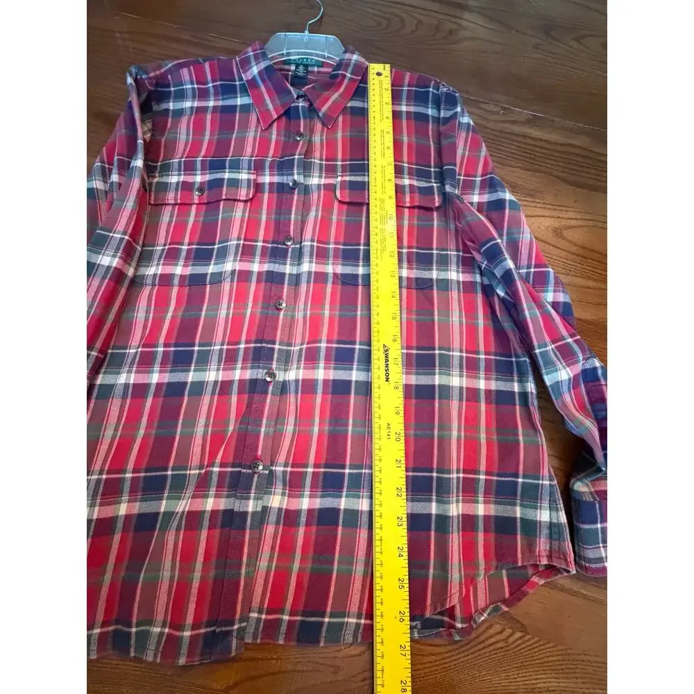 Lauren Ralph Lauren Red Blue Plaid 100% Cotton Flannel Shirt Womens XL Roll Tab
